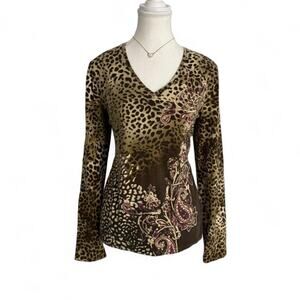 Brown Leopard Paisley Print Long Sleeve V Neck Fitted Top 94%Cotton Size Large